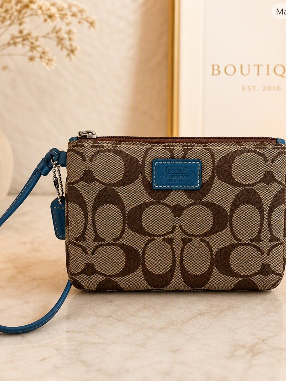 Coach Signature Tan/Brown Canvas & Teal  Leather Trim Wristlet